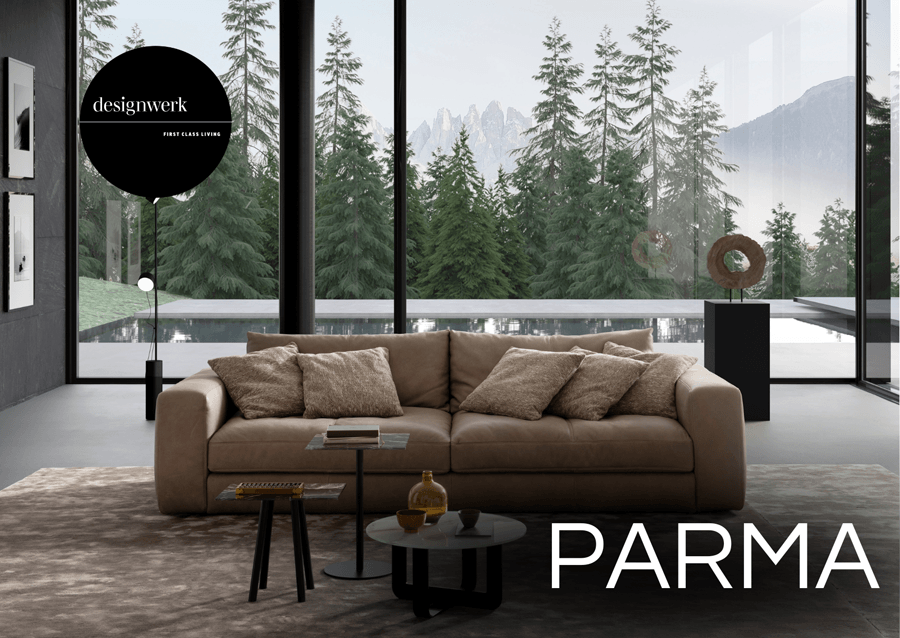 zweisitzer Couch in hellbraun mit der Aufschrift Parma